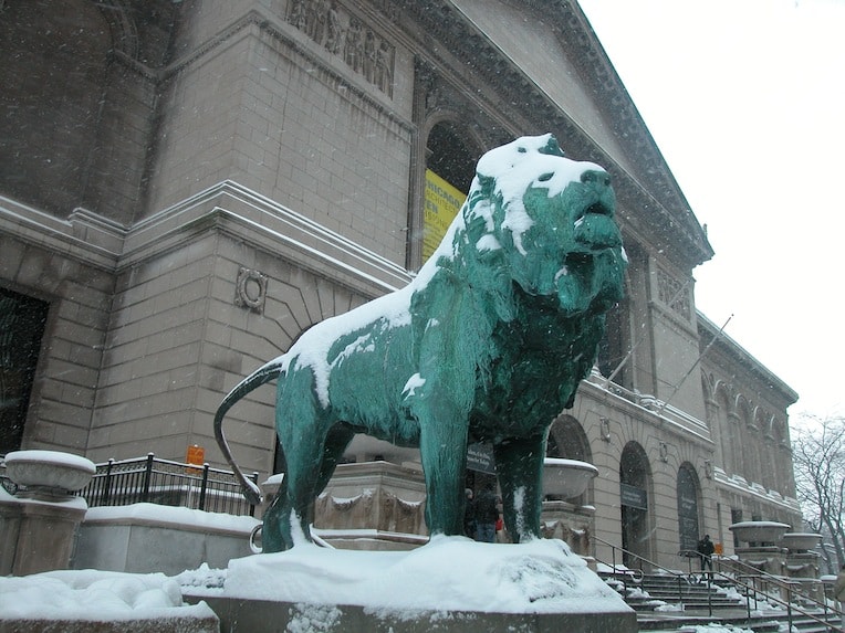 Chicago in winter art institute lion
