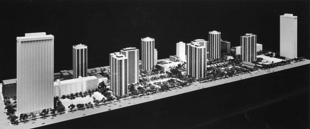 Model of Carl Sandburg Village, white rectangles on the ground on the north and south sides are Sandburg's pools