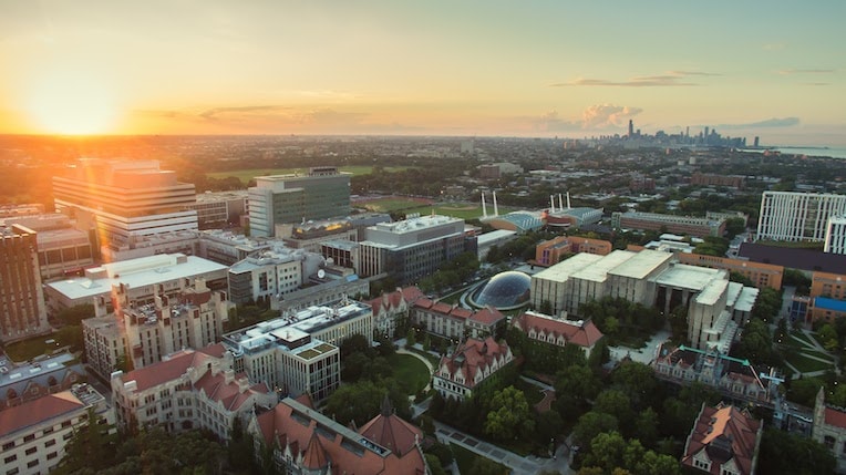 University of Chicago campus architecture walking tour campus skyline drone photo